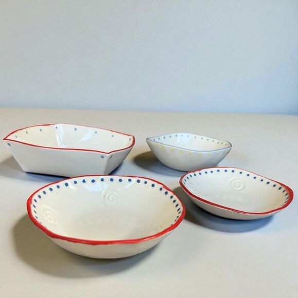 Handmade Studio Pottery Bowl Set – Modern Folk Art 4 pc signed - Picture 1 of 7